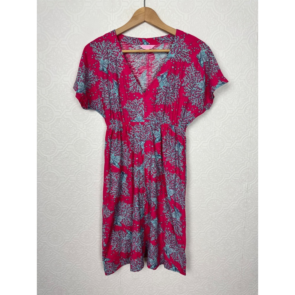 Lilly Pulitzer Coral Seashell Slub Cotton V-Neck Empire Waist Dress Small Pink